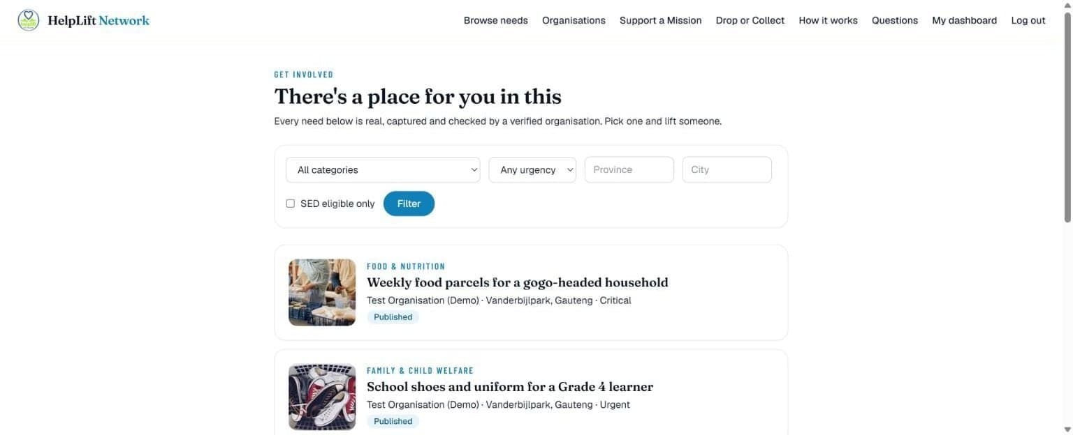 The Browse needs page, with the filter boxes and a list of needs
