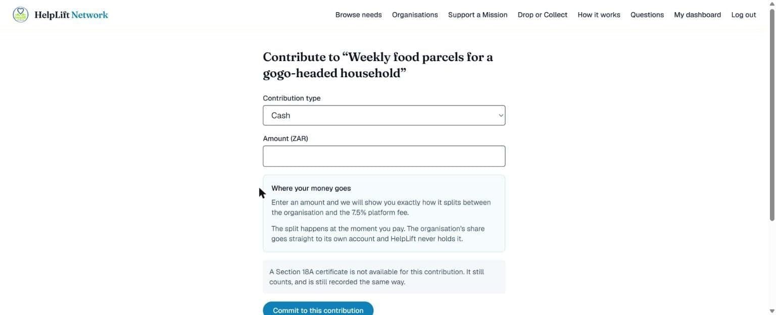 The contribution form, with the amount box and how the money splits