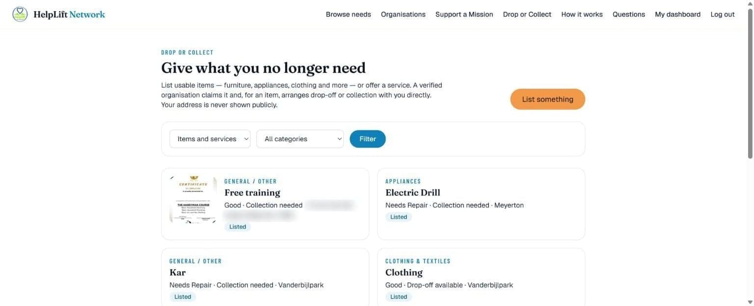 The Drop or Collect noticeboard, listing items and services on offer