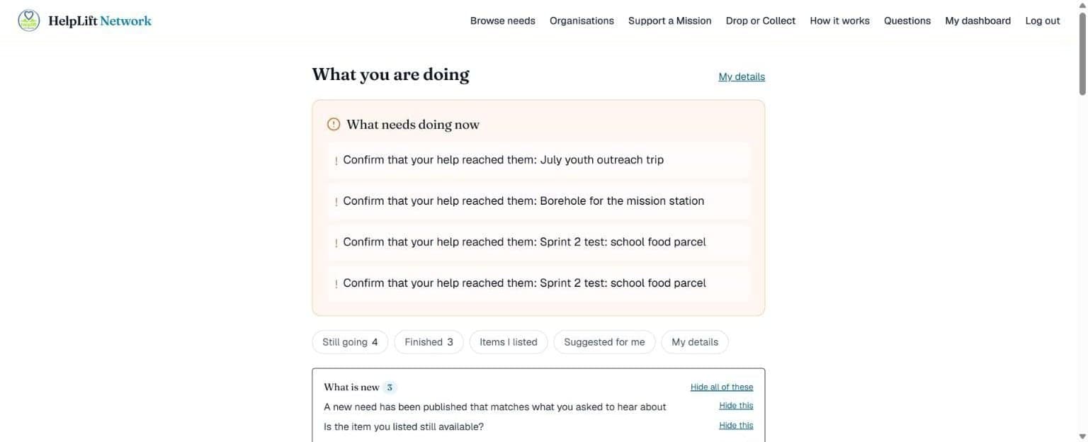 The giver's own dashboard, listing what needs confirming