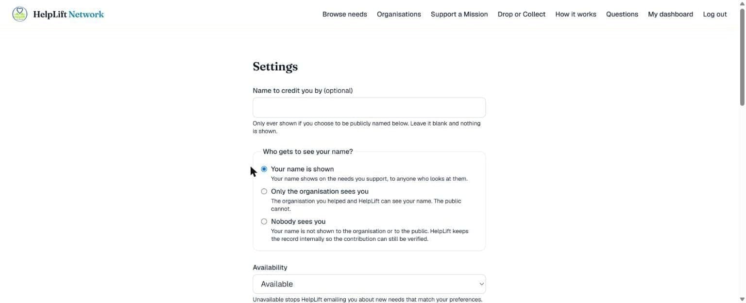 The Settings page, with the name field and the three choices for who can see your name