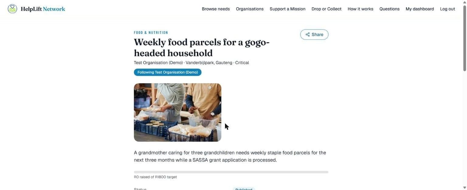 A need's own page, with its photo, story and how much has been raised