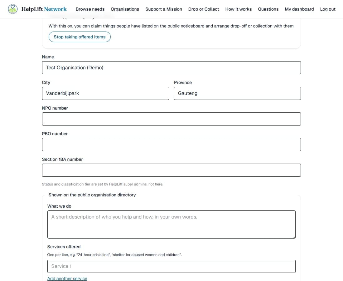 The organisation's settings, with the public directory fields