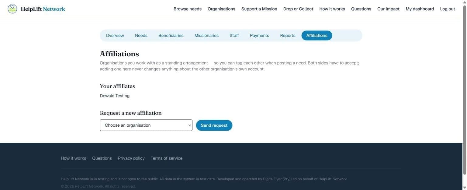 The Affiliations page, with an accepted affiliate and the form to request a new one