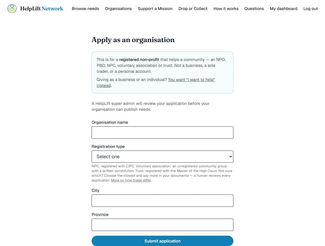 The organisation application form
