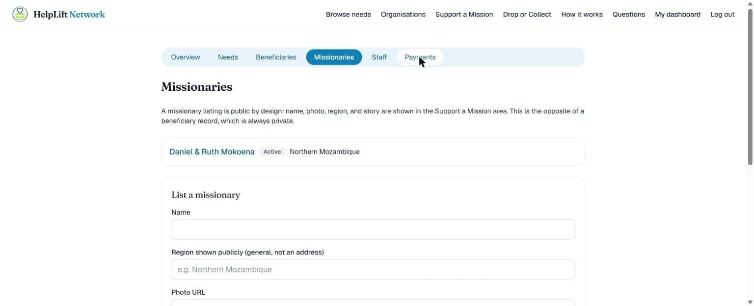 The Missionaries page, with an existing listing and the form to add one