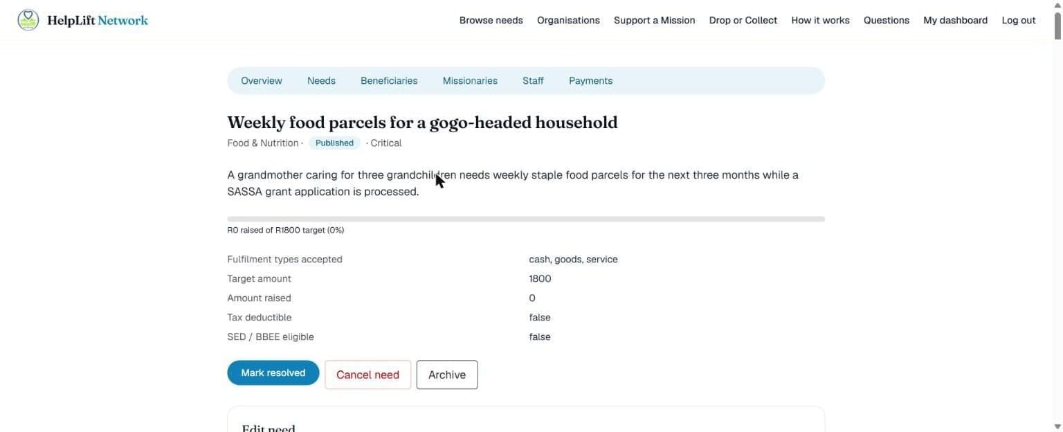 A need's own page, with the Mark resolved, Cancel need and Archive buttons