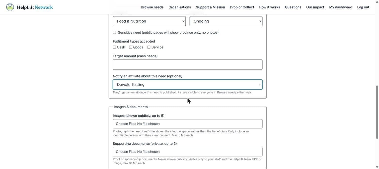 The Notify an affiliate about this need drop-down on the new need form