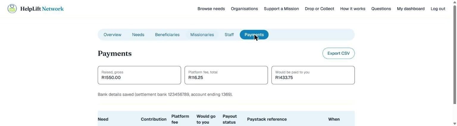 The Payments page, with totals raised, the platform fee, and what reaches you
