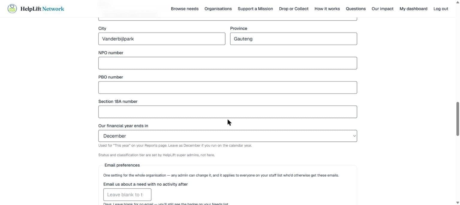 The settings page, scrolled down to the financial year and email preferences