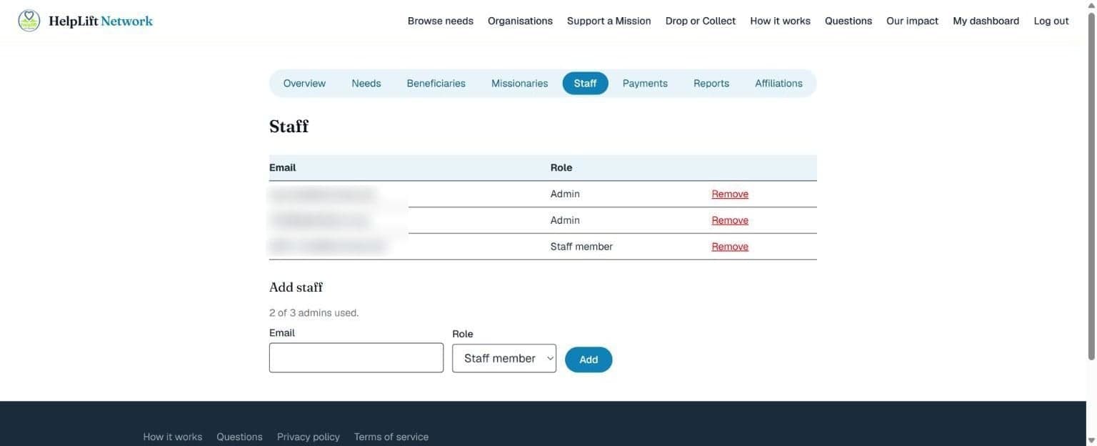 The Staff page, showing 2 of 3 admins used and the form to add someone