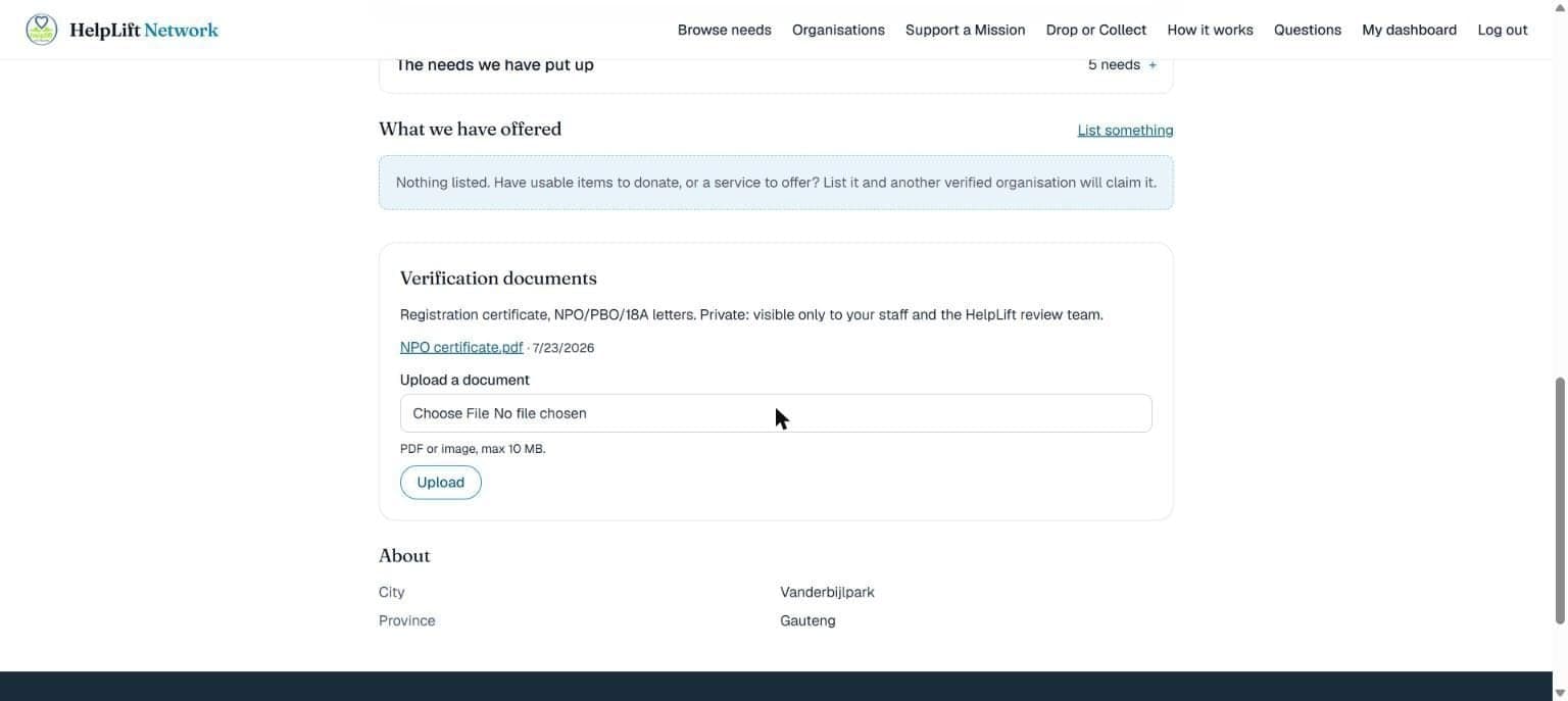 The Verification documents section, with an uploaded certificate and a form to upload another