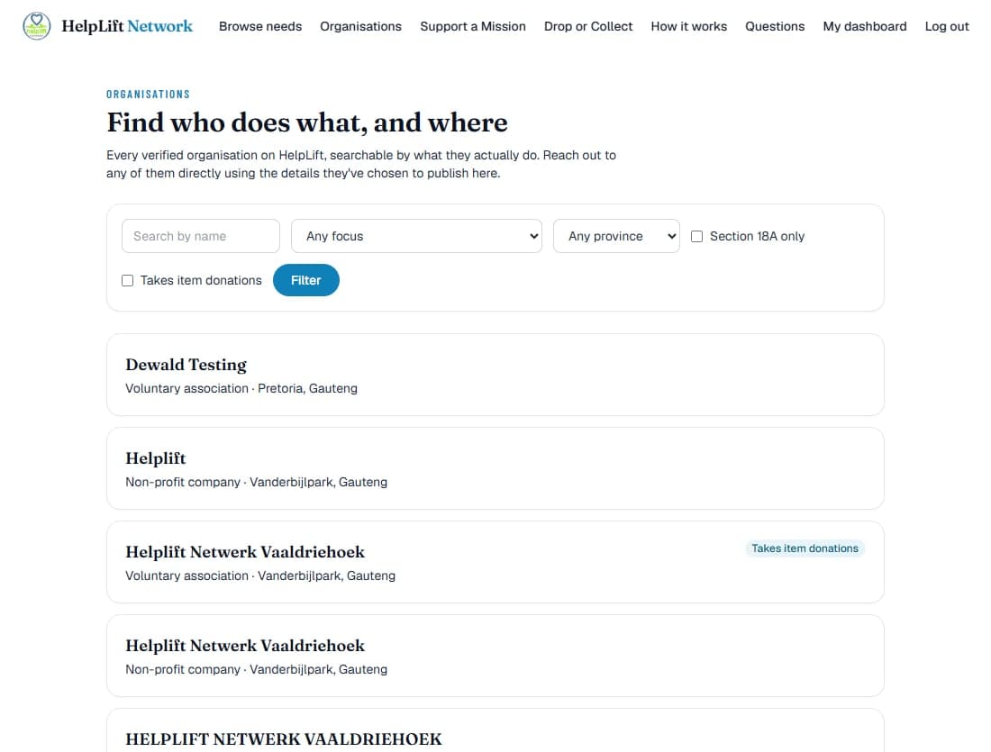 The organisation directory, with search and filter options and a list of organisations
