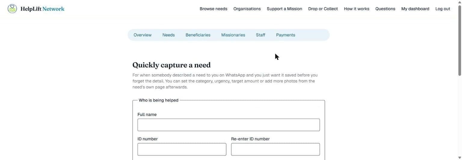 The Quick capture page, with the same section for who is being helped