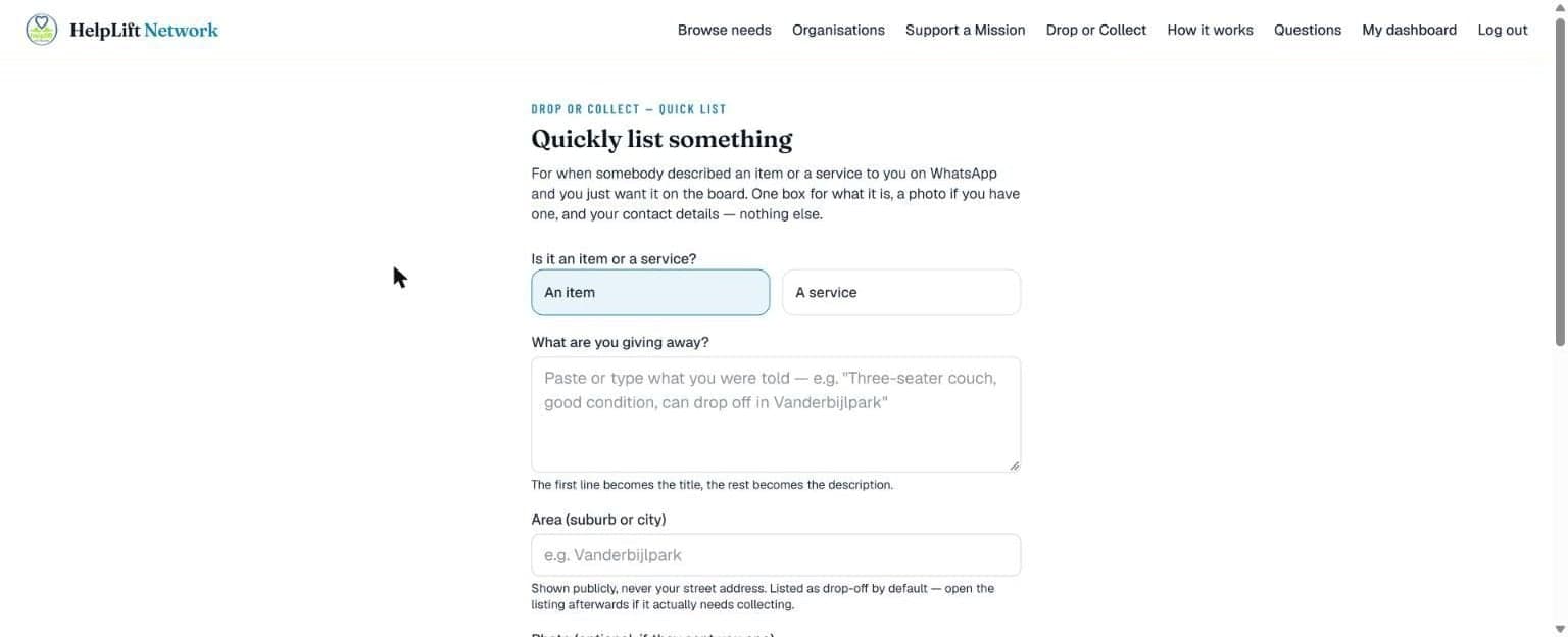 The Quick list page, with the item-or-service choice and one box to describe what is being given