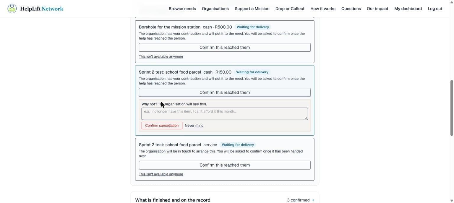 A contribution with the cancellation box open, asking why it is no longer available