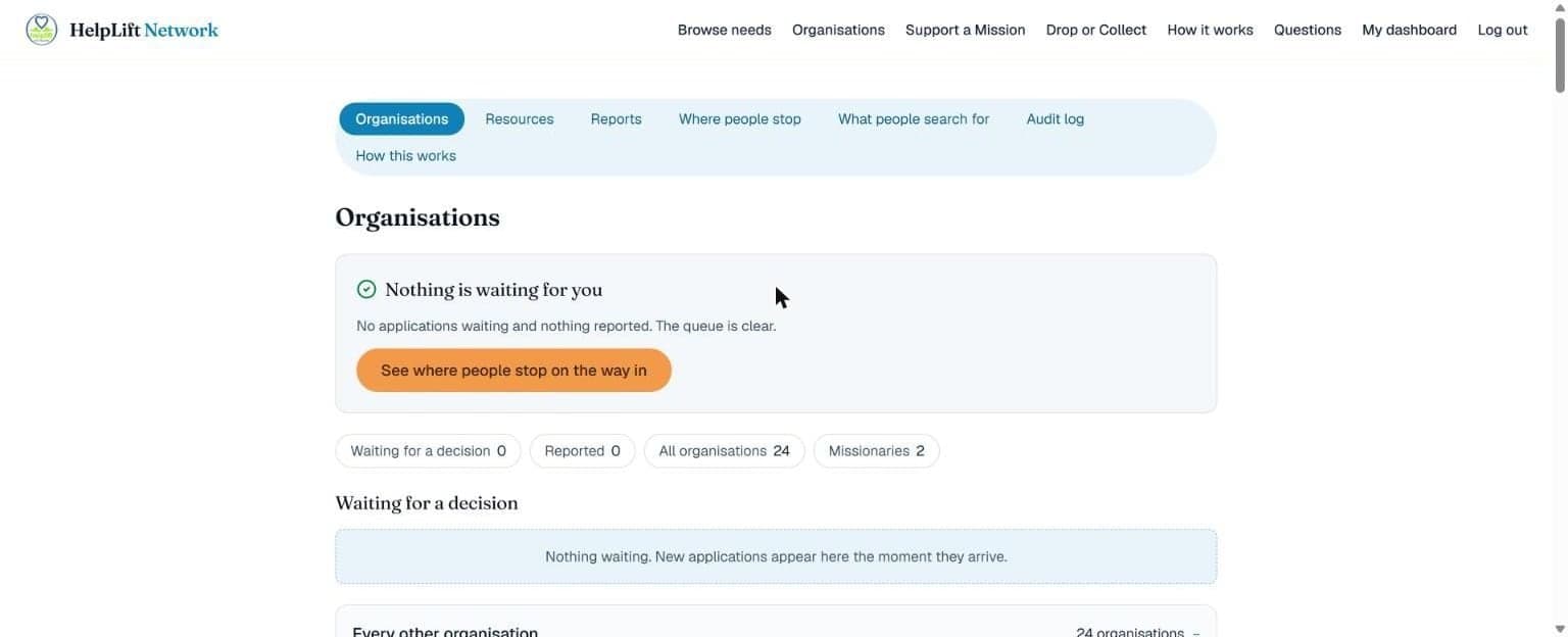 The admin Organisations page, saying nothing is waiting