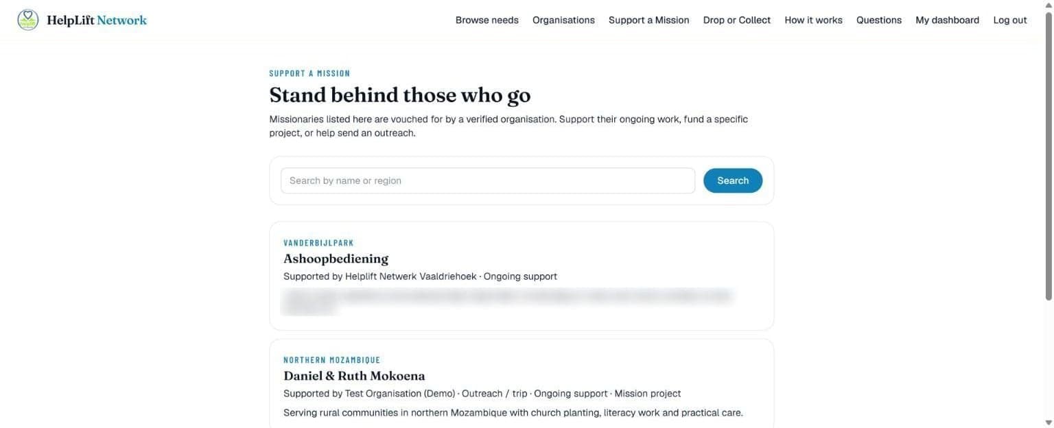 The Support a Mission page, listing missionaries with their region and kind of support