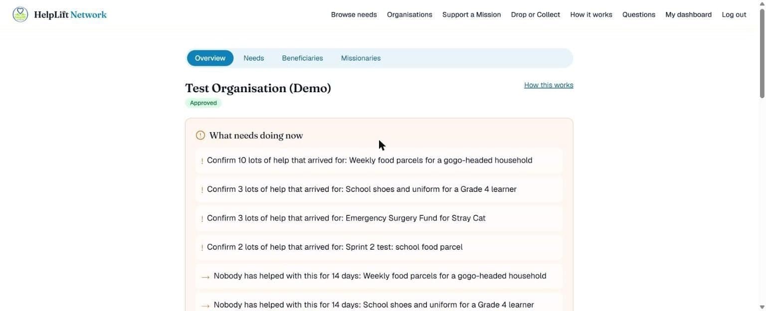 The organisation's page as a Staff Member sees it, without the Staff, Payments, Reports and Affiliations tabs